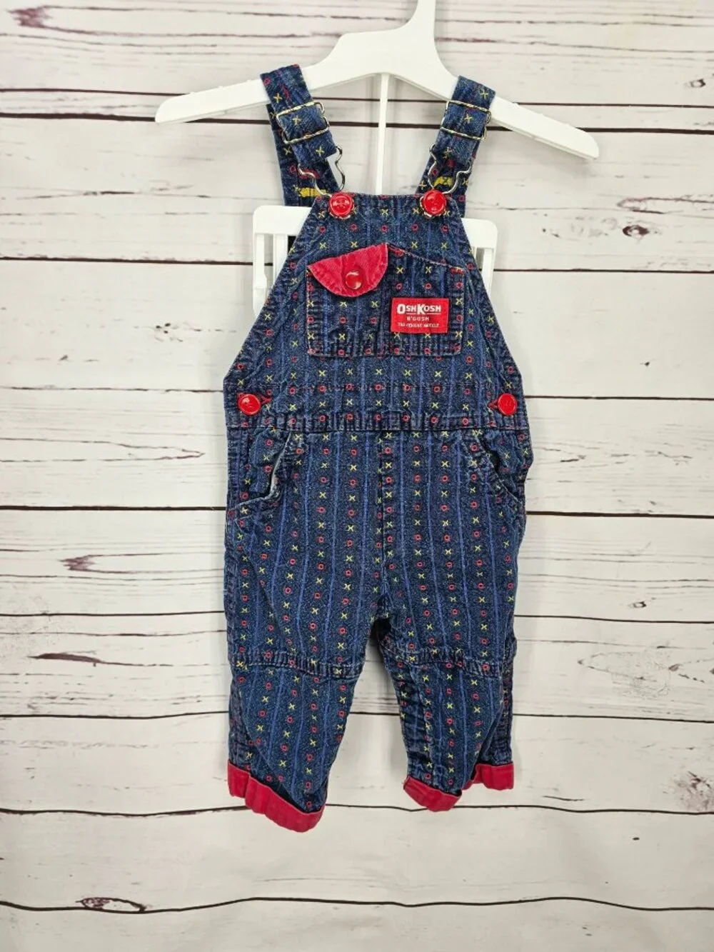 OshKosh Bgosh Infant Girls XO Tic Tack Toe Denim Overalls 6/9M Red USA Made